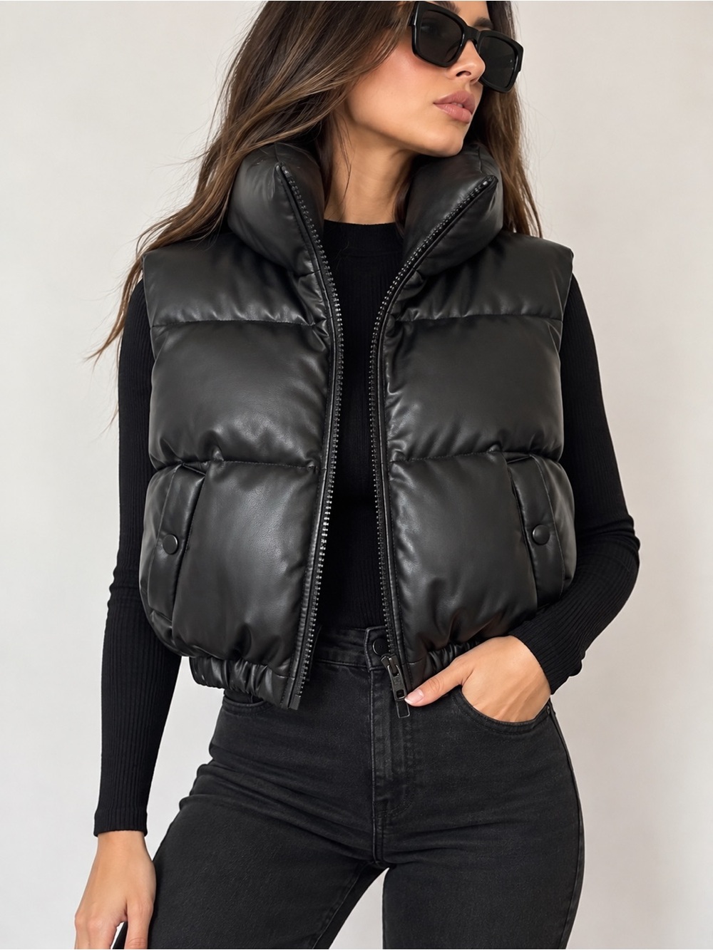 36POINT5 Faux Leather Cropped Puffer Vest Black Small BNWT